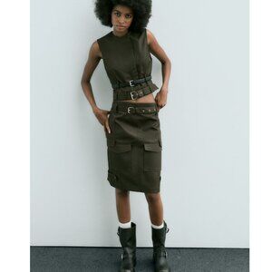 NWT ZARA Set - Belted Vest & Midi Cargo Pocket Pencil Skirt Utility Khaki Cotton